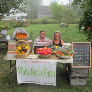 Yours truly and mate seeking riches at our farmstand in Greater Downtown Little Compton, RI, next to the art cafe last summer. If you think growing your own food is a hoot, wait 'til you start selling it to people who love you immediately for offering them delicious  sustenance.